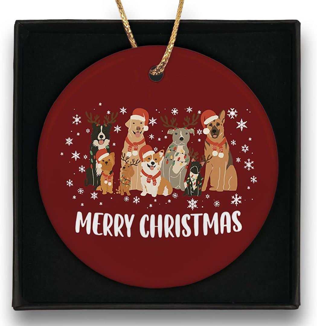 3 x Christmas Dog Ceramic Ornaments Round, Cute Santa Hat Light Hanging Ornament Keepsake Gifts for Dog Lovers Winter Tree Decor, Red Retro Rustic Festive Holiday Decorations Decor 3in