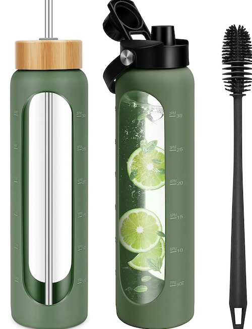 32 oz Glass Water Bottles - 1 Liter Motivational Tumbler With Time Marker - Borosilicate Glass With Silicone Sleeve and 2 Lids, Handle Spout & Bamboo Straw Lid (Olive)