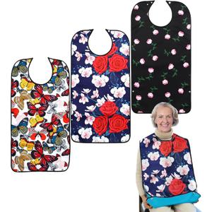 Pafusen 3 Pack Adult Bibs for Women, Reusable Adult Bibs for Eating with Optional Crumb Catcher, Waterproof Washable Dining Clothing Protector, Gifts for Women/Mom (Flower Butterfly Pink Flower)