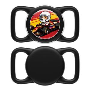 2 x Dog AirTag Holder for Dog Collar, Soft Silicone Slide-On Case for Apple AirTag, No-Dangle Quiet Protective Holder with Eye-Catching Pet Character Designs, Black-Racecar Driver