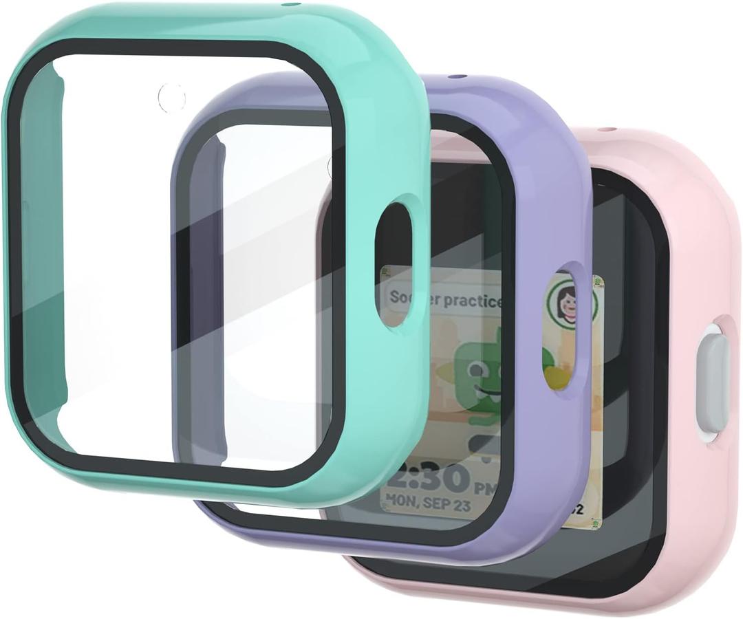 OWKEY for SyncUP Kids Watch Screen Protector, Upgraded 3Pack Hard PC & Tempered Glass T-Mobile Sync UP Kids Watch Screen Protector Case Cover for Kids, Anti-Scratch and Touch Sensitive (Pink&Teal&Purple)