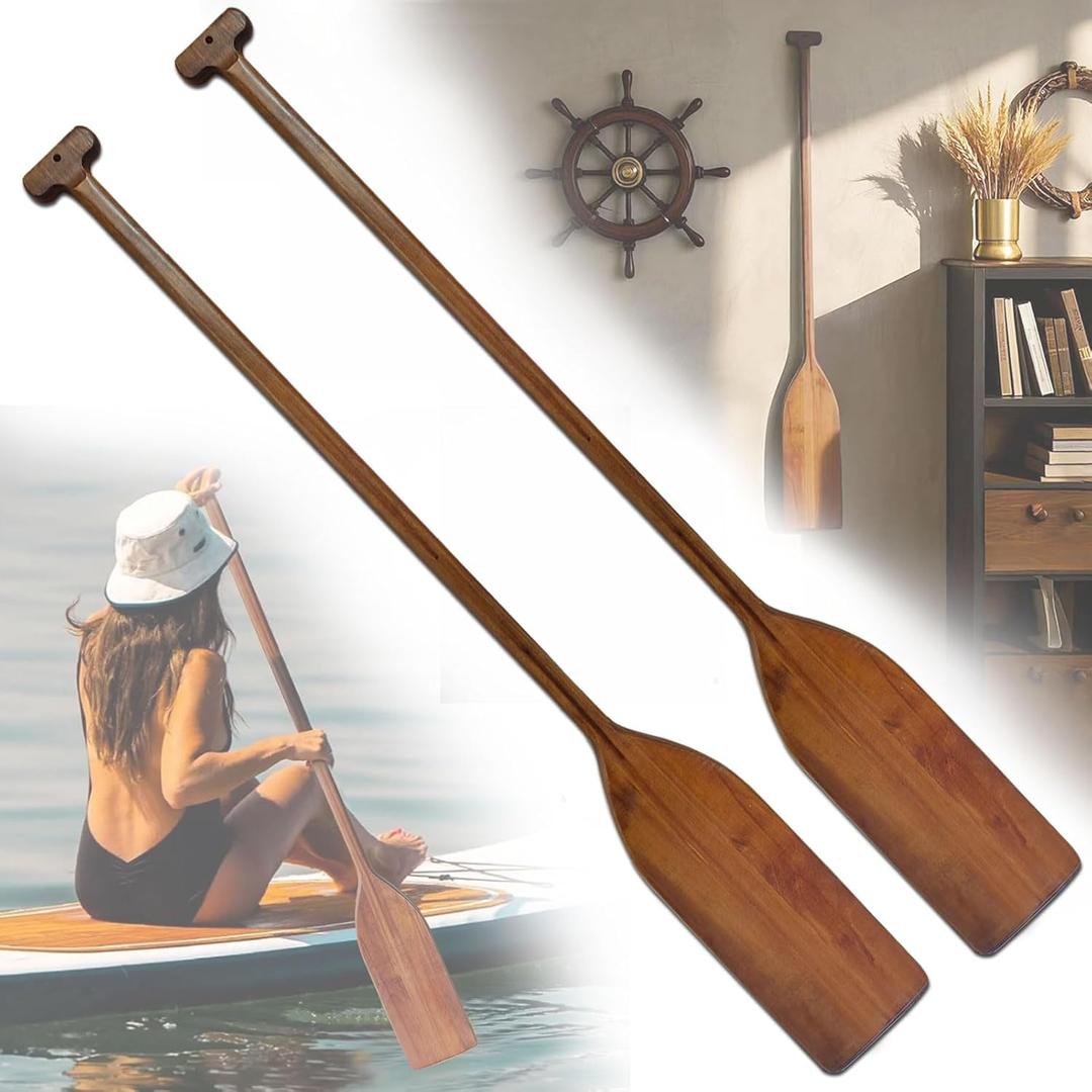 Vintage Style Wooden Oar Canoe Paddle 4 Feet, Ergonomic T-Shaped Handle, Handcrafted Durable Pine Wood Oars for Kayaking/Fishing/Rowing Boats/DIY Home Decoration Gift2 Pieces