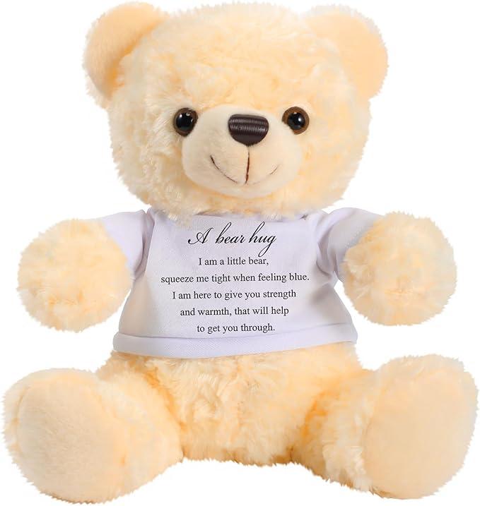 Meooeck Bear Plush Stuffed Animal Sympathy Gift with a Bear Hug Sign Clothing Hug Gift for Condolences Memorial Comfort Loss of Loved One(Beige, White)