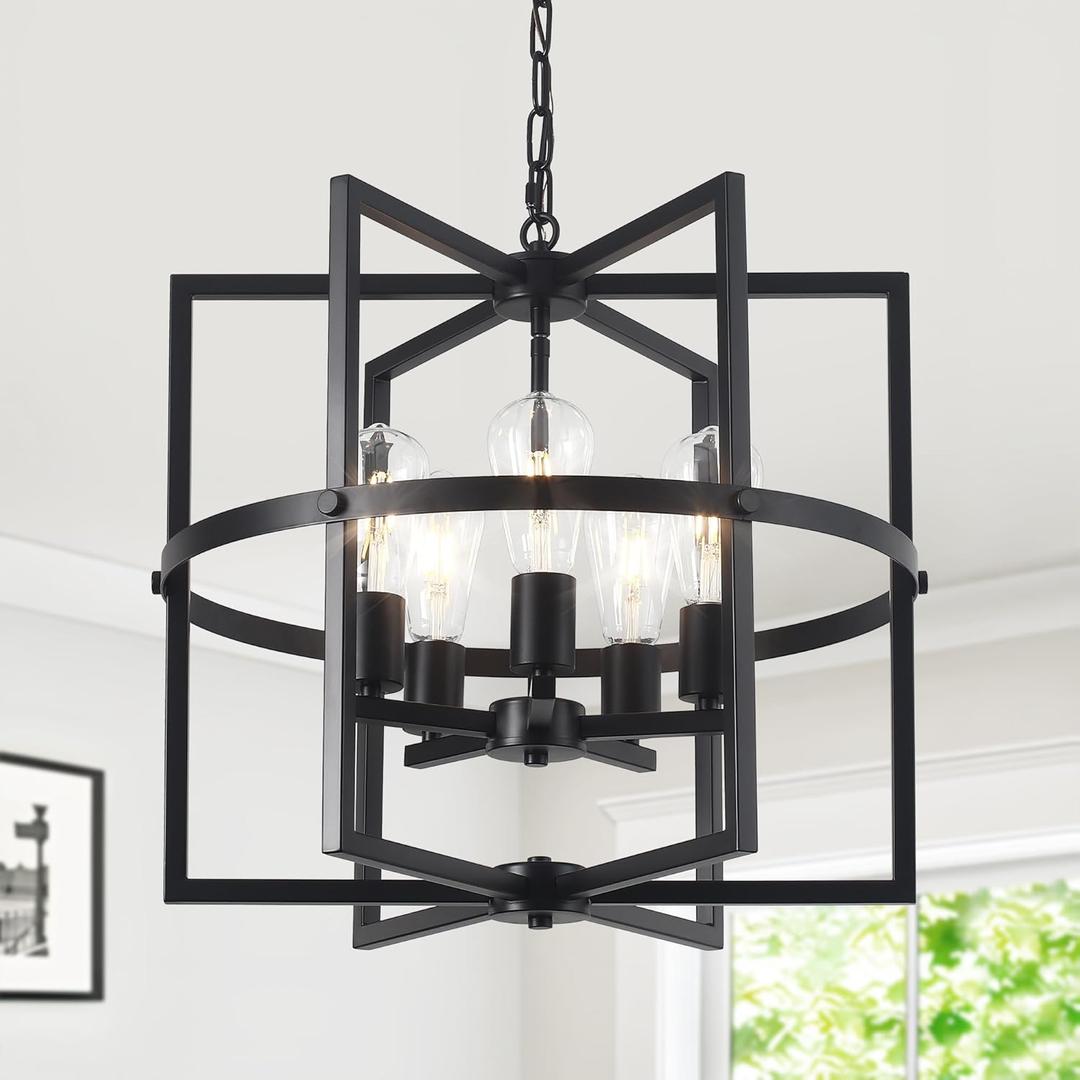 QMNHAU 19'' Black Chandelier for Dining Room, 5Light Modern Farmhouse Chandelier with Geometric Cage Adjustable Industrical Hanging Pendant Light Fixture for Kitchen Entryway Hallway Foyer Bedroom