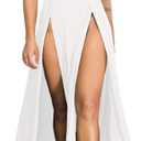 Velius Women Sexy Hollow Out Halter Wrap Sleeveless Plain Pleated Slit Casual Long Maxi Dress (Small, White)