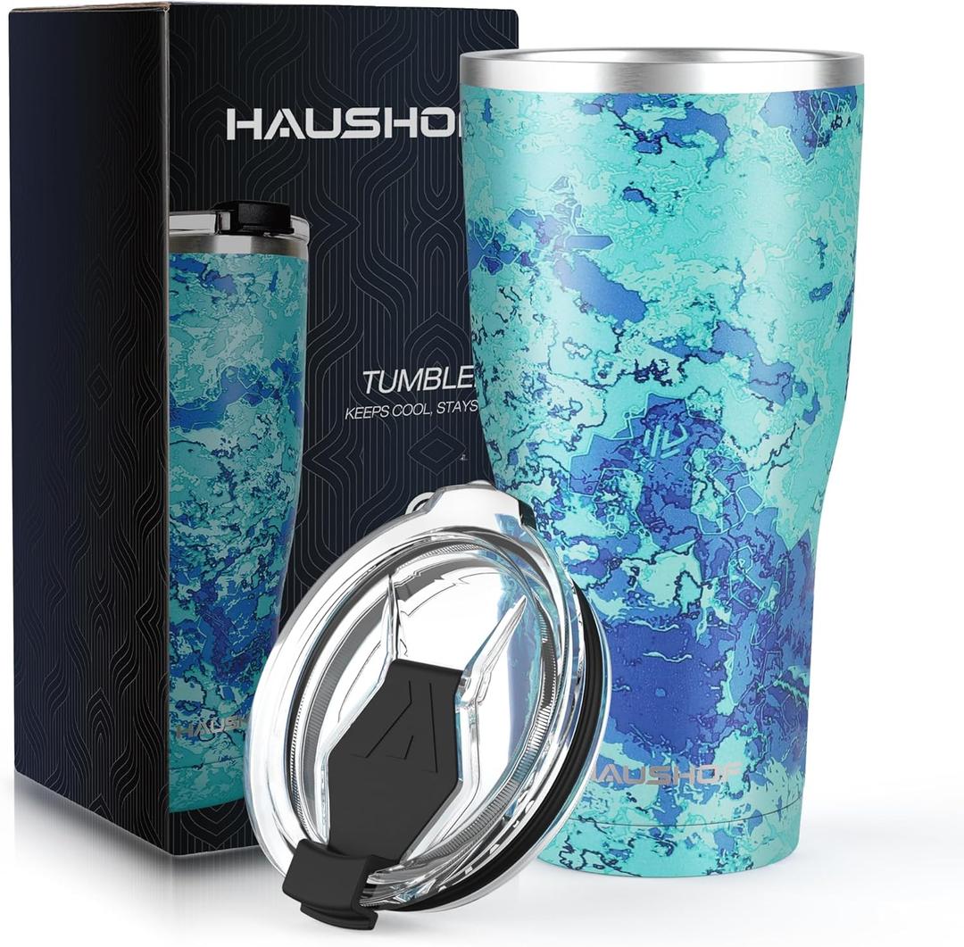 HAUSHOF 20 oz Tumbler, Stainless Steel Vacuum Coffee Tumbler, Durable Insulated Tumbler Cups for Hot and Cold Drinks, Portable Water Tumbler with Lid for Office, Camping, Sports (Camo Blue)
