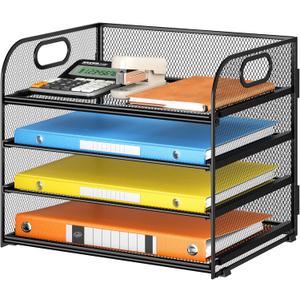 Lavatino Paper Organizer for Desk, 4-Tier Desk Organizer Tray, Mesh Desktop File Organizers with Handle, Office Classroom Organization and Storage-Black