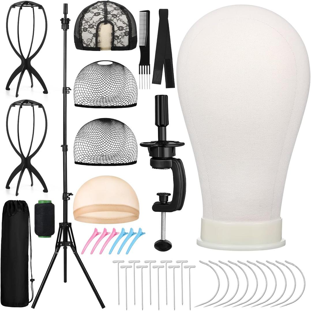 ProSuites 22 Inch Canvas Mannequin Head with 61" Adjustable Wig Stand Tripod, Wig Set of 40 PCS with Wig Holder, Caps, Elastic Bands, T/C Pins Tool Kit for Wigs Styling Making Display