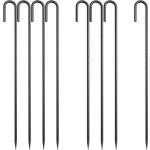 24 Inch J Hook Rebar Stakes 3/8" Thick, 8 Pack Extra Heavy Duty Black E-Coated Steel Ground Anchors for Greenhouse, Carport, Commercial Bounce House, High Wind Areas & Soft Soil