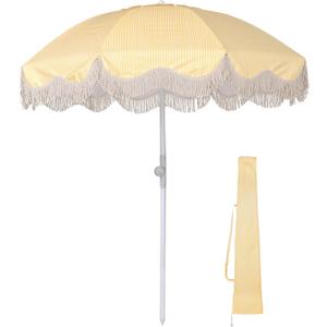 Ocean 6Ft Fringe Patio Umbrella 8 Ribs Outdoor Beach Tassel Umbrella with Tilt Carry Bag Yard Picnic Garden Lawn Deck Wedding Pool Party (Ocean-Crayon Yellow Stripe)