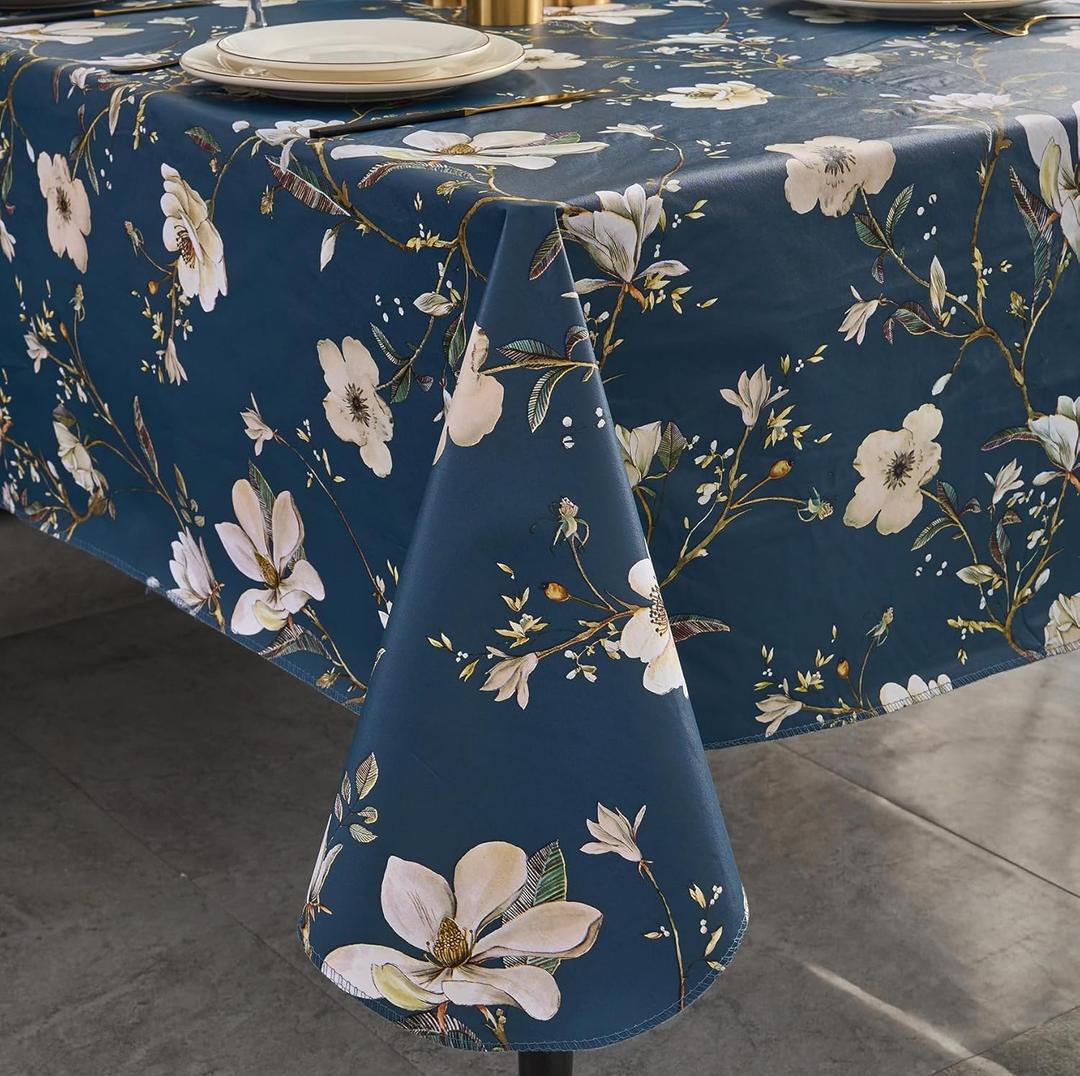 Vinyl Tablecloth with Flannel Backing Rectangle Waterproof Oil-Proof Plastic Table Cloth Stain-Resistant Wipeable Table Cover for Indoor and Outdoor (Blue Flower, 60 x 120 Inch)