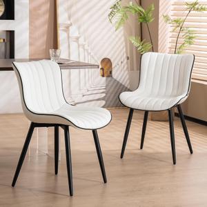 YOUNUOKE Mid-Century Modern Dining Chairs Set of 2, White PU Leather Upholstered Kitchen Chairs with Black Metal Legs, Armless Accent Chair for Dining Room, Guest Reception Room, 17.7In X 19.3In X 31.1In