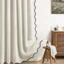 Linen Shower Curtain Flax Cream Cute Black Scalloped Boho Modern Shower Curtains for Bathroom Set, 72" W x 84" L
