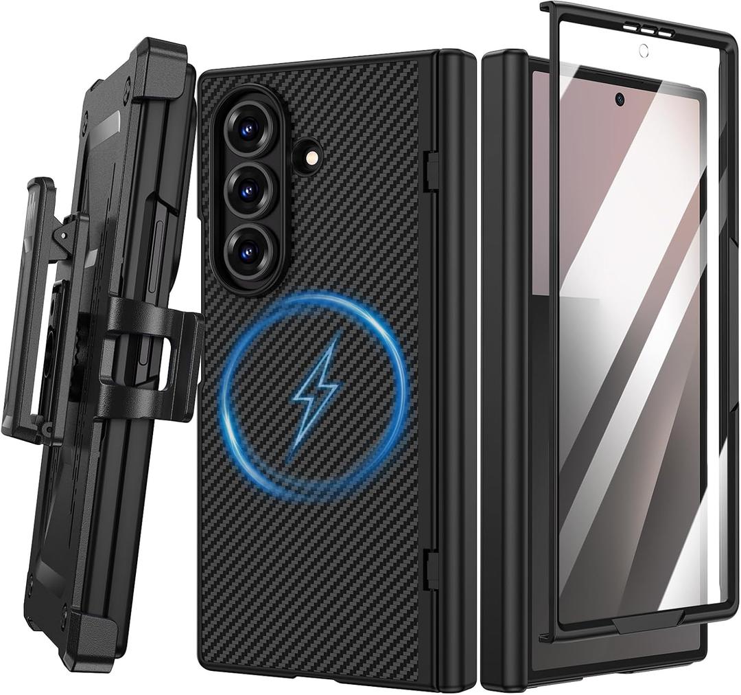VEGO for Galaxy Z Fold 7 Case with Belt Clip [Compatible with Magsafe] Screen Protector & Hinge Protection Full-Body Shockproof Carbon Fiber Hard PC Protective Magnet Case for Samsung Z Fold 7 Black