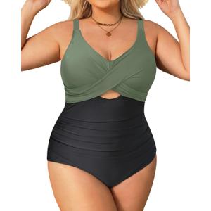 Daci Plus Size One Piece Swimsuits - Tummy Control Bathing Suit for Women Cutout Swimwear (Green Black, 14W)