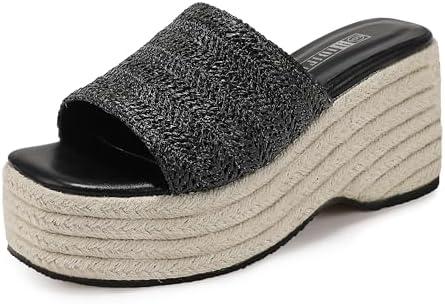 IDIFU IN3 Platform Espadrille Wedge Sandals for Women Square Open Toe Slip On Wedge Shoes Dressy Low Chunky Heeled Sandal Comfortable Casual Trendy Summer Beach Walking Vacation Slide Women Sandals, Size 9