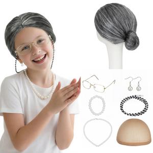 S-noilite 7PCS Old Lady Wig Set,Gray Bun Realistic Style Grandma Costume Wig for 100 Days of School Cosplay Halloween Party(Granny Wig/Cap/Glasses/Glasses Chain/Necklace/Bracelet/Earrings)