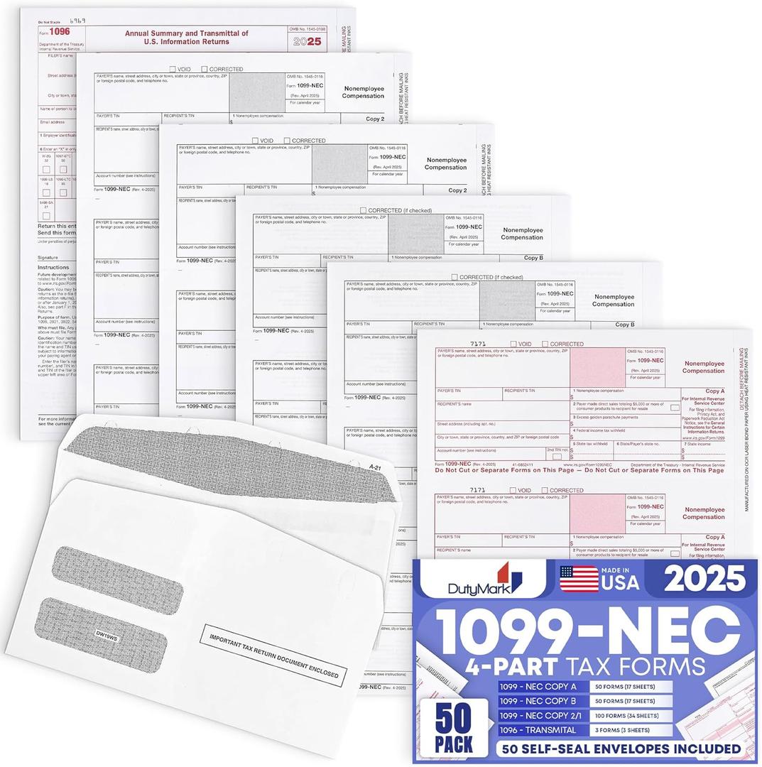 50 1099 NEC Tax Forms 2025 with Envelopes, 4 Part Legal Laser Tax Forms Kit, 50 Self Seal Envelopes, US Government Forms - Compatible with QuickBooks and Accounting Software, Made in The USA 50 Pack