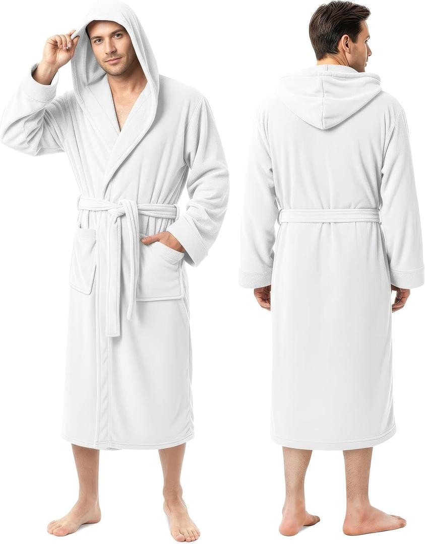NY Threads Mens Robe with Hood, Luxury Plush Fleece Hooded Mens Bathrobe, Spa Bath Robe for Men, L/XL, White