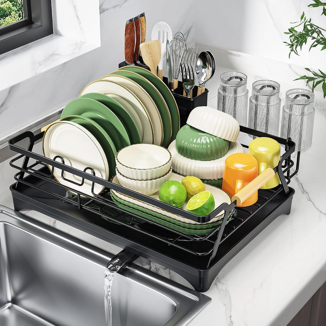 Epicano Dish Drying Rack for Kitchen Counter - Large Capacity Dish Rack with Wooden Handle,Cup Holder & Knife Slots, Rustproof Dish Drainer with Auto-Drainage System, Kitchen Sink Organizer, Black