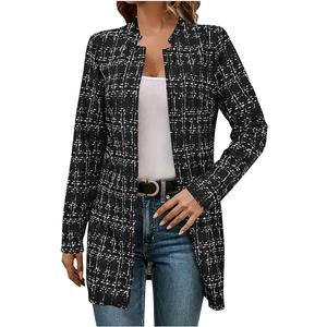 Womens Tweed Blazers Open Front Stand Collar Long Cardigan Elegant Casual Jacket Plaid Formal Work Suits Fall Outfits, S