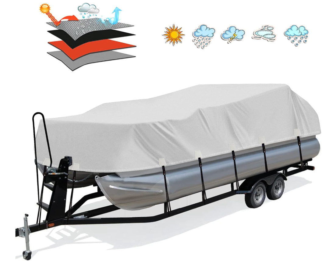 Solim Trailerable 1200D PU Heavy Duty Pontoon Boat Cover, 19-21ft Waterproof Oxford Marine Grade UV Resistant Polyester Canvas Cover, Boat Cover for Pontoon with 16 Adjustable Tie Down Straps, Gray
