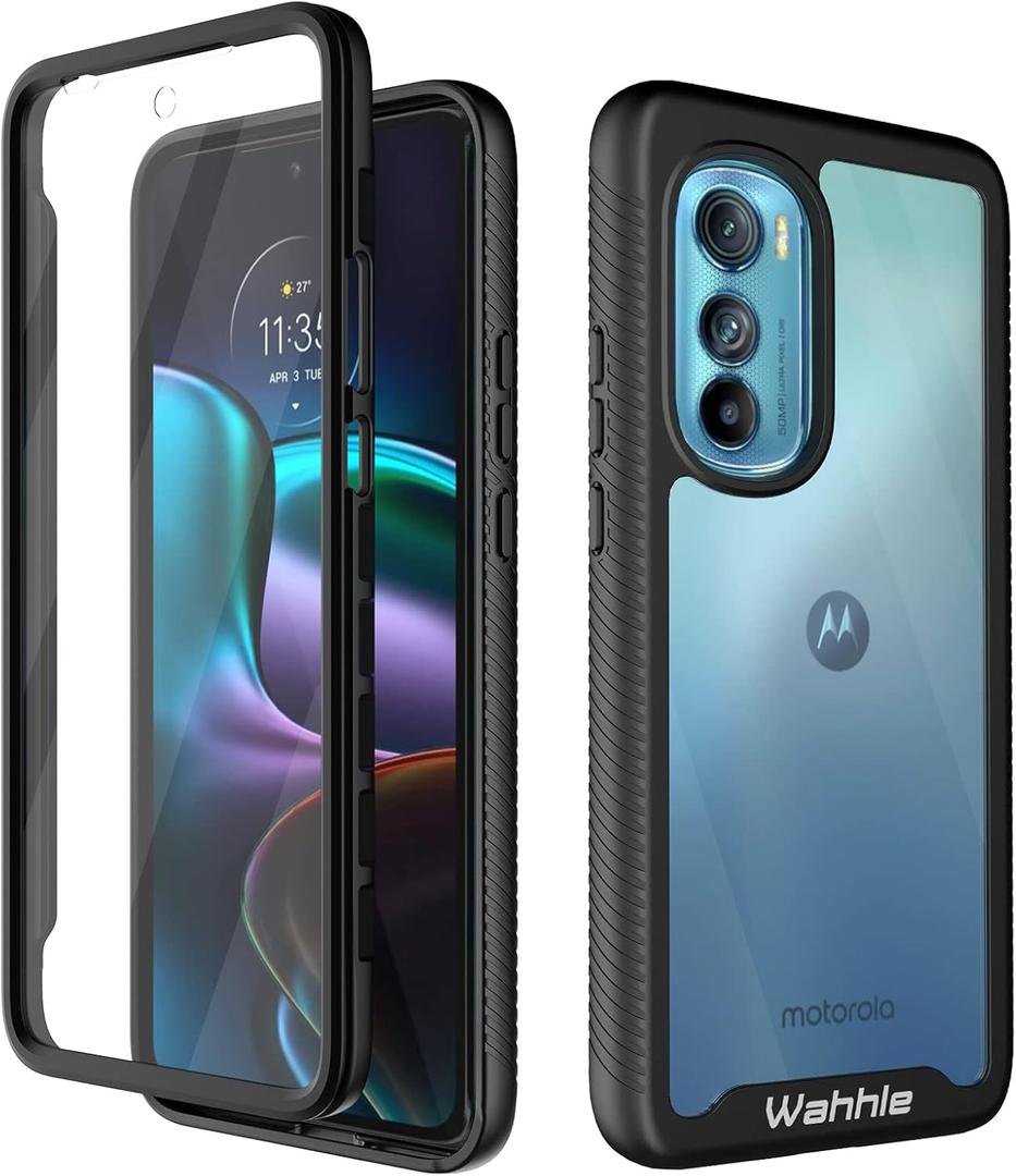 wahhle Compatible with Motorola Edge 2022 Case, Built in Screen Protector Full Body Shockproof Slim Fit Bumper Protective Phone Cover for Edge 5G UW 2022 Men Women-Black/Clear [Not for Edge Plus]
