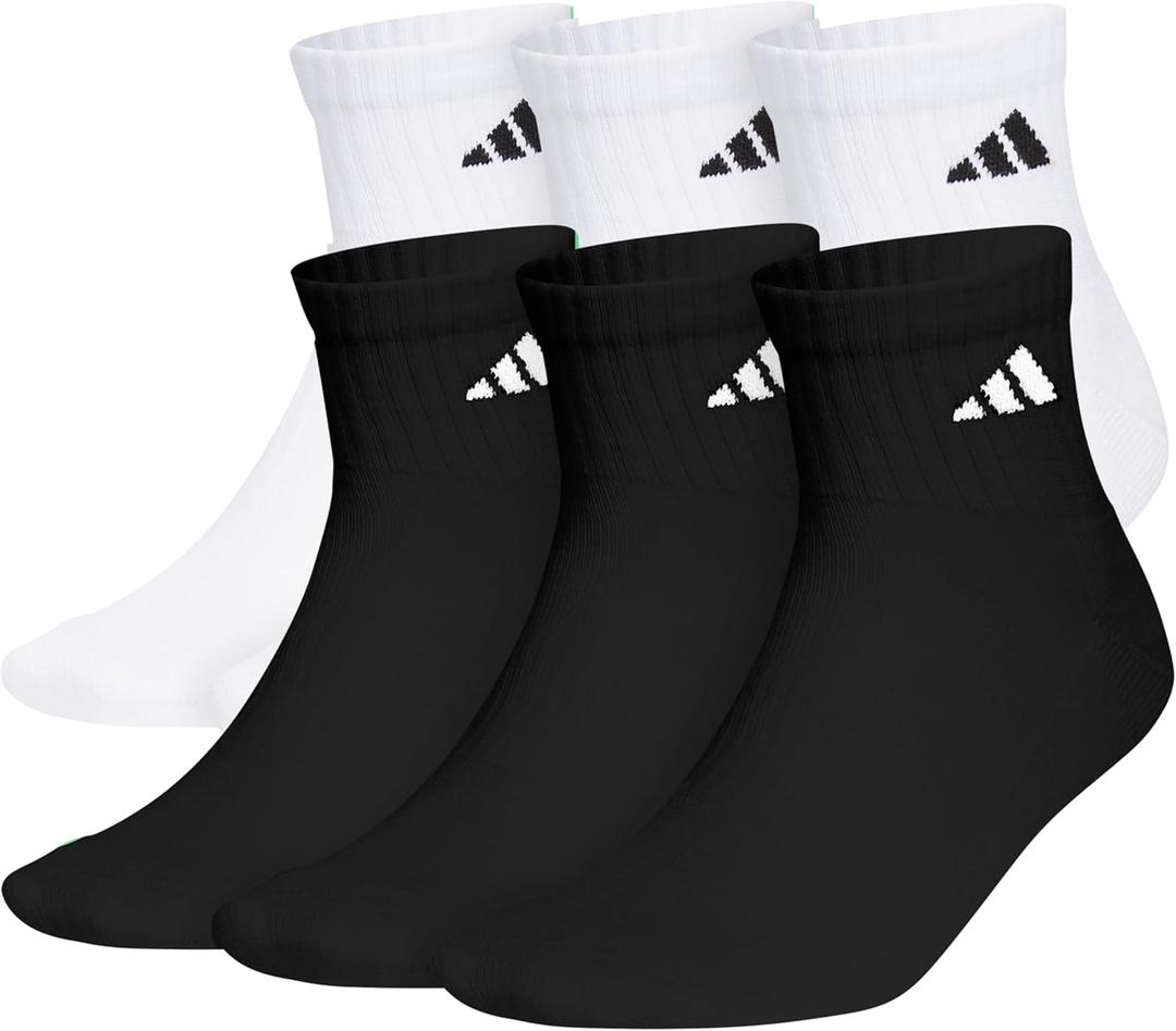 adidas Men's Athletic Cushioned 6-Pack Quarter, Athletic Cushioned Quarter Ankle Socks for Men with Arch Support (Large, White/Black/White)
