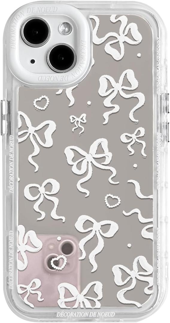 NITITOP Compatible with iPhone 14 Case Cute Mirror Bow Love Heart Pattern for Women Girls Ribbon Design Shockproof Silver Protective Phone Cover - White Bow
