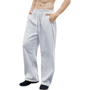 OYOANGLE Men's Drawstring Waist Straight Wide Leg Baggy Pants Workout Athletic Sweatpants with Pocket (Medium, Light Grey)