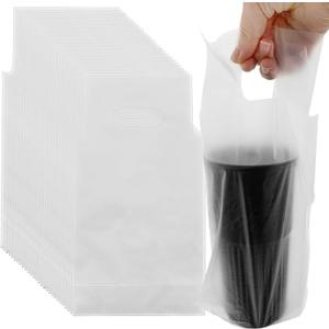 1000 PCS Handle Drinking Poly Bags, 11 x 6 Inch Single Cup Carriers Bag Clear Plastic Packaging Bags with Handle, Portable Transparent Beverage Cup Take Out Bag for Coffee Shop, Restaurant