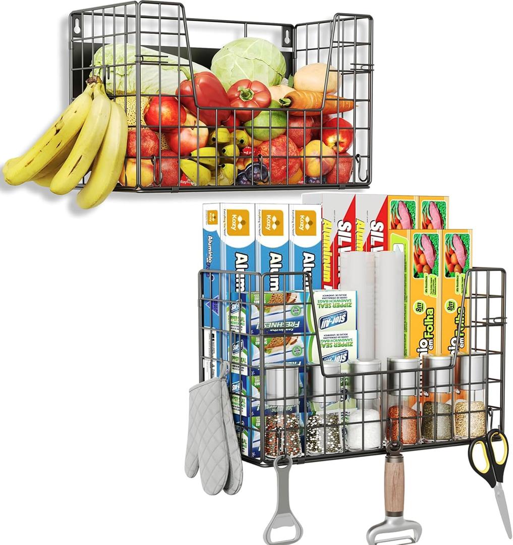 Magnetic Fridge Basket Storage Organzier for Fruit & Wrap, Magnetic Shelves for Side of Refrigerator for Kitchen, Laundry (Pack of 2)