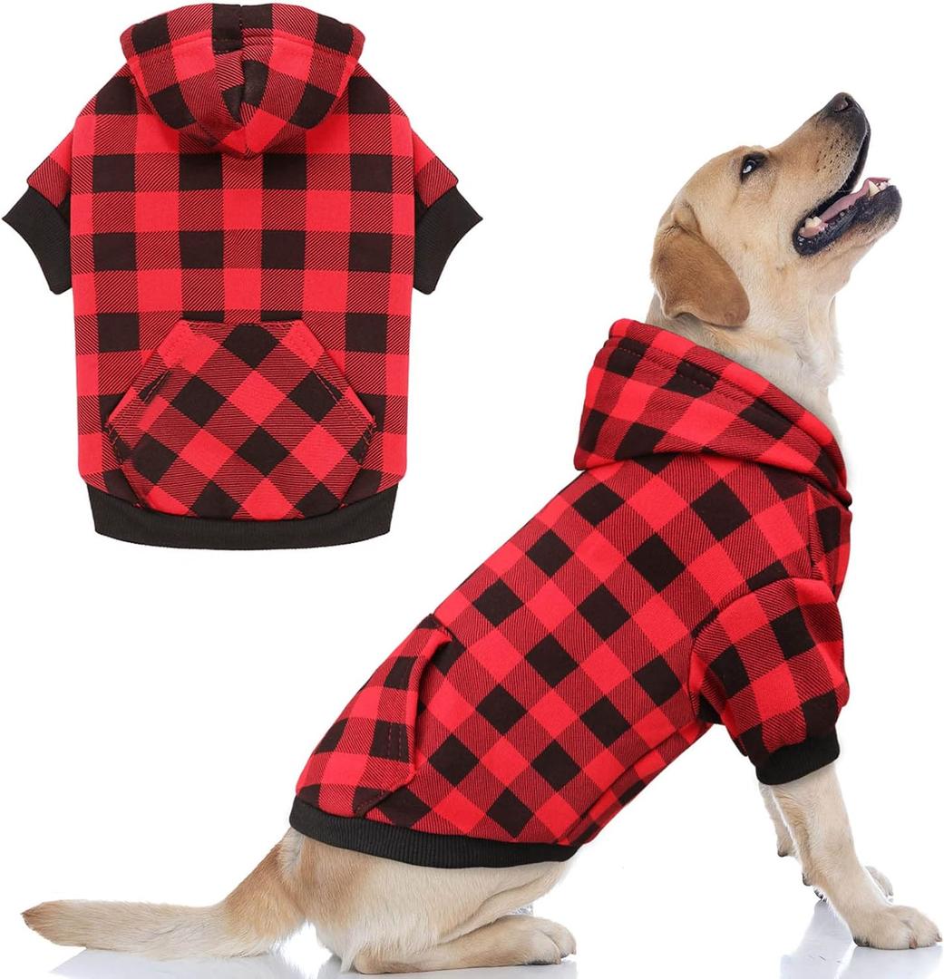 Dog Hoodie Sweater Red Buffalo Plaid Pet Clothes Warm and Soft Breathable Cozy Pet Hoodies for Large Dogs Dog Sweaters for Extra Large Dogs with Pocket (XL)
