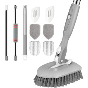 SetSail Floor Scrub Brush, 3-In-1 Tile Tub Floor Scrubber with 52-inch Adjustable Long Handle Shower Cleaner Brush and 4 Detachable Replacement Brush Heads for Cleaning Bathroom Kitchen Tub Tile, Grey (Gray)