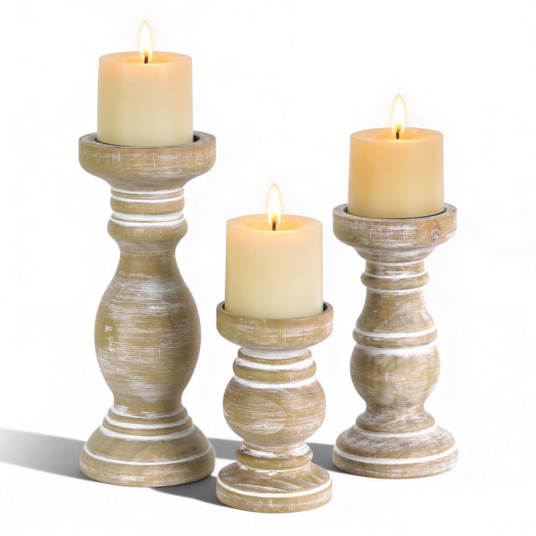 NIKKY HOME Farmhouse Solid Wood Pillar Candle Holders Set of 3, Brown