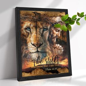 Frame Christian Jesus And Lion Wall Art Religious Bible Verse Wall Decor Pictures Canvas for Home Office Bedroom Living Room Church Christian Gifts (Framed,12"x16")