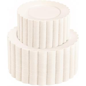 supernal 100pcs Ivory Plastic Plates Fancy Disposable Scalloped Plates for Party Heavy Duty for Party, Wedding, Birthdays Bridal Shower Plate Include 50 Plastic Dinner & Dessert Plate