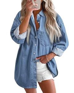 BTFBM Womens Button Down Denim Shirts Fall Lapel V Neck Lightweight Oversized Long Sleeve Thin Casual Blouse Tops Pocket(Solid Light Blue, Small)