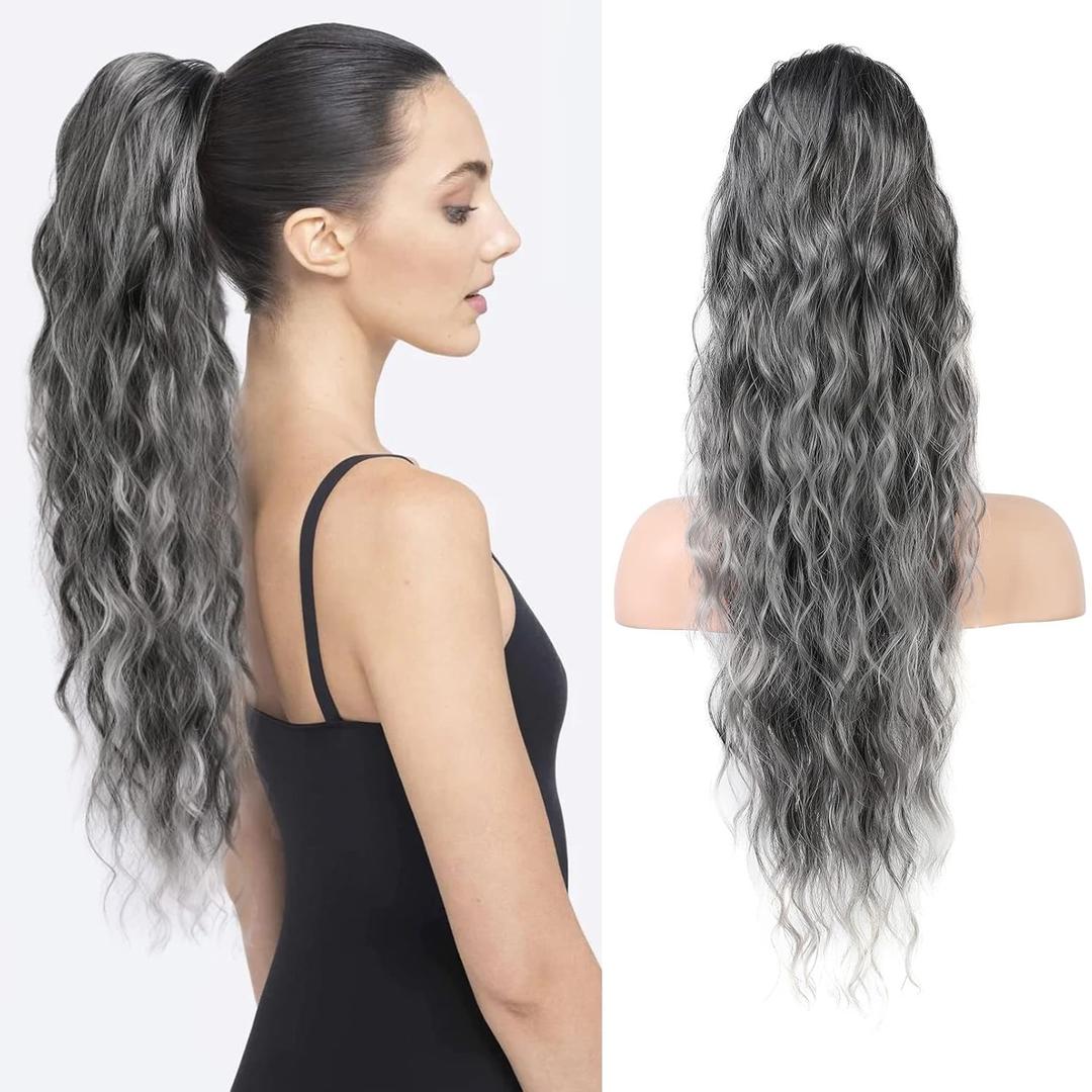HOOJIH Ponytail Extension, Drawstring Ponytail Hair Extensions 26 Inch Long Curly Wavy Ponytail Natural Wavy Synthetic Hairpiece for Women Daily Use - Ombre Gray
