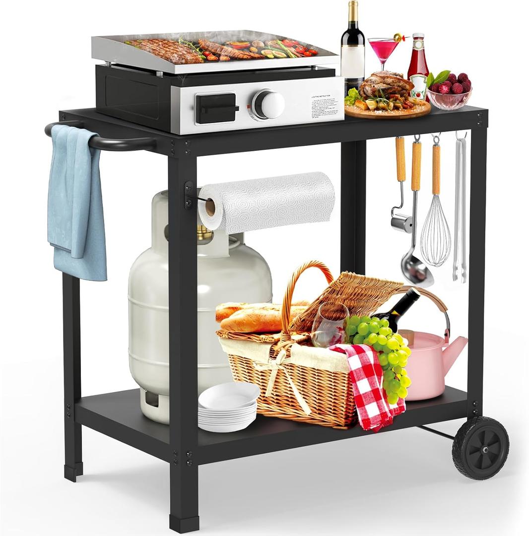 32x20IN Double-Shelves Grill Table, Outdoor Grill Cart for Blackstone Griddle, Movable Pizza Oven Table Cart for Outside Patio, Kitchen Cooking Food Prep Table for Party (Metal)