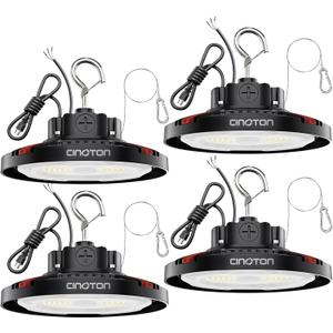 CINOTON UFO LED High Bay Light, 160W Switchable, AC100-277V LED Shop Lights with US Plug, 24000LM Dimmable 0-10V Commercial Bay Lighting for Garage Workshop 5000K Daylight-UL Listed, 4 Pack (Red)
