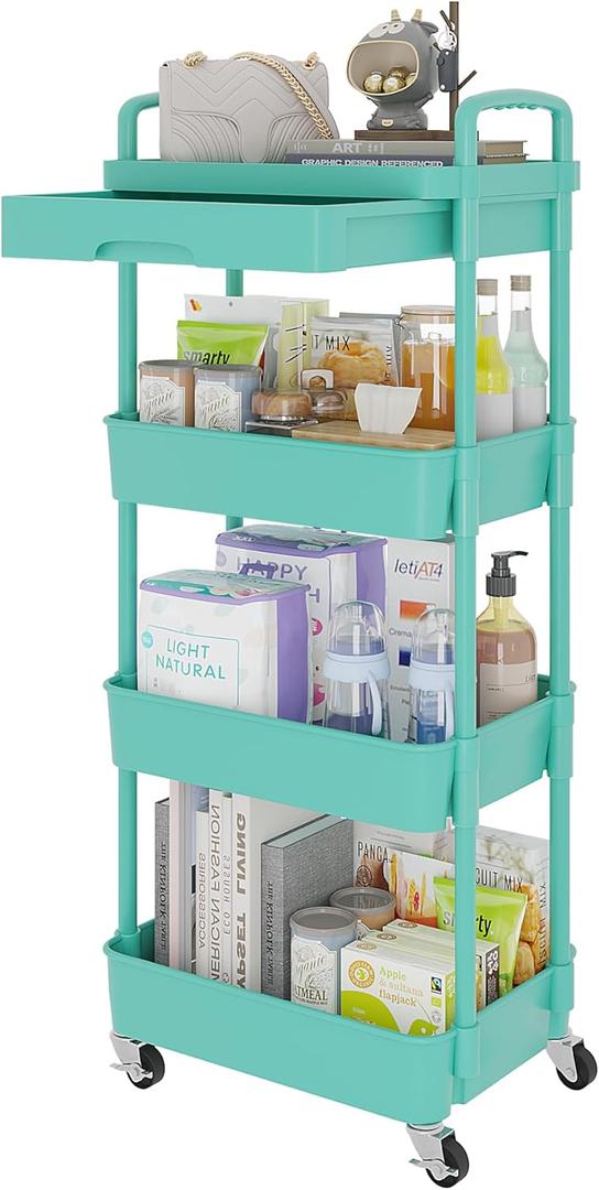 Calmootey 4-Tier Rolling Utility Cart with Drawer, Multifunctional Storage Organizer with Plastic Shelf & Metal Wheel, Storage Cart for Kitchen, Bathroom, Living Room, Office, Green