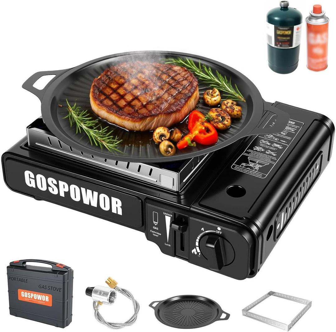 Propane or Butane Stove with Wind blocker, Dual Fuel 10,000 BTU Propane Stove for Camping, Automatic Ignition, Gas Portable Stove with Adapter Hose Carrying Case & Griddle for Hiking (Fuel Not Included)