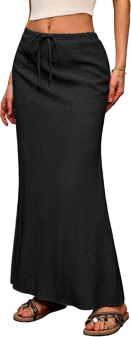 ELLEVEN Linen Flared Maxi Skirt with Back Slit - Elastic Waist Drawstring Long Flowy Ankle-Length Skirt (Medium, Black)