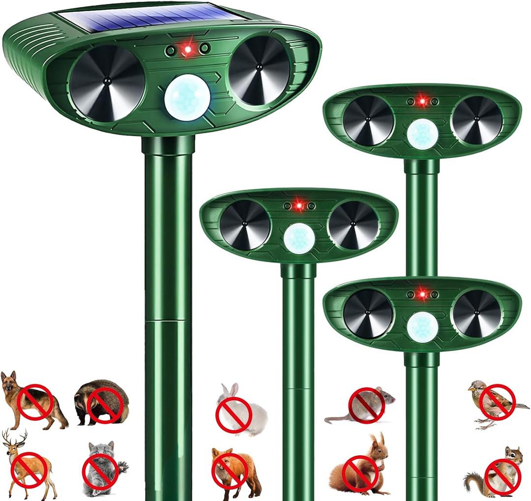 4 Pack 2025 Squirrel Fortress Pro Animal Repellent Ultrasonic Outdoor, Solar Repeller with Motion Sensor, Waterproof Dog Skunk Raccoon Rabbit Cat Deer Repellent for Yard Farm