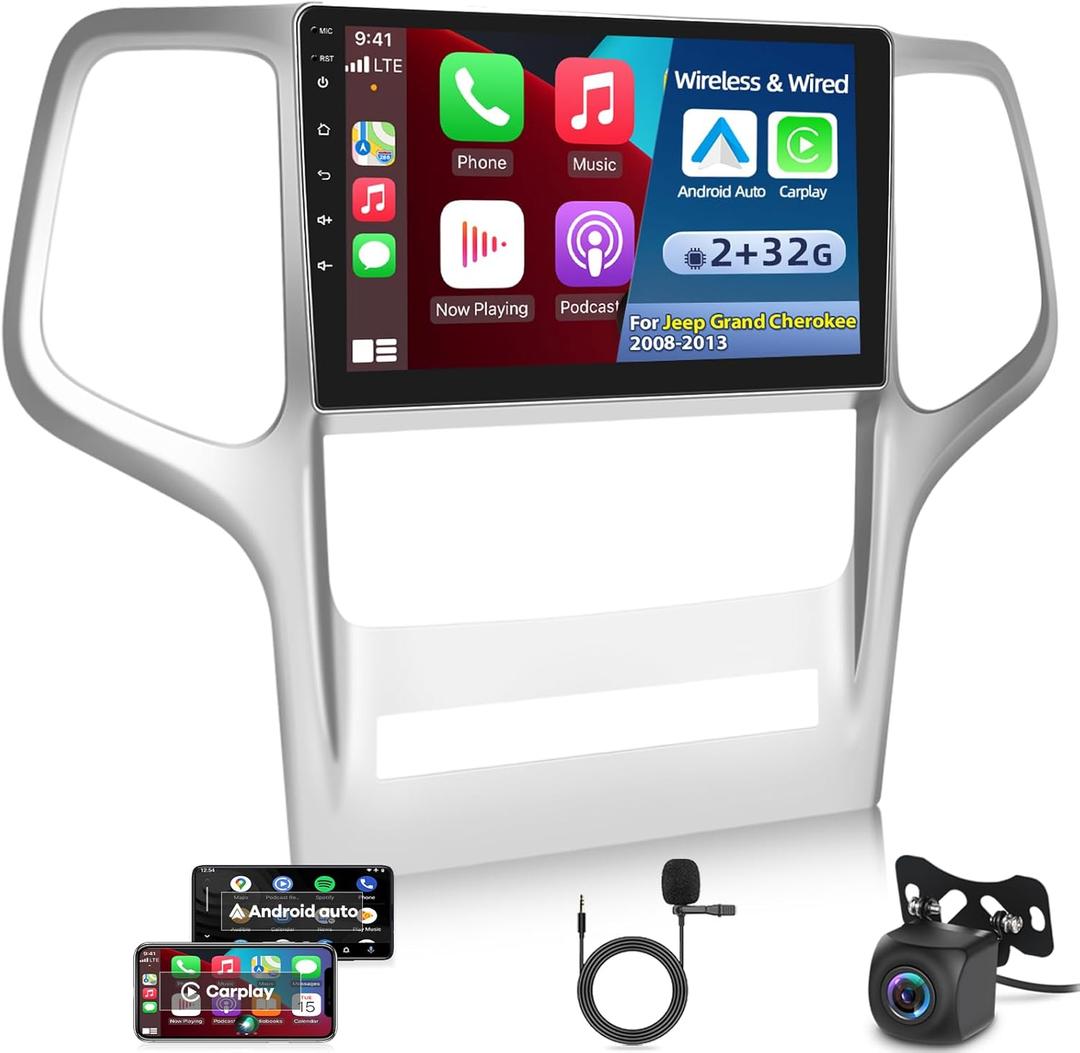 Wireless Apple Carplay Android Car Radio for Jeep Grand Cherokee 2008-2013, 9 Inch Touchscreen with Android Auto/DSP/Multiple UI/GPS/WiFi + AHD Backup Camera [2+32G]