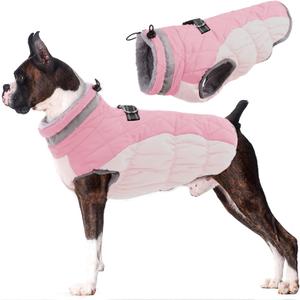 Lelepet Dog Coat Warm Dog Winter Coat Waterproof Dogs Jacket with Harness Built in Reflective Pet Fleece Vest Zip-Up Cold Weather Coats for Large Dogs Turtleneck & Windproof Coats Boxer Pink XL