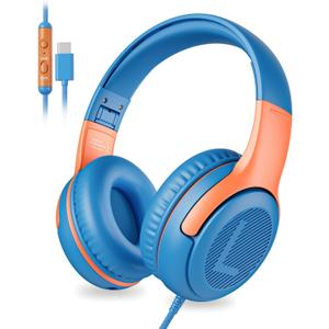 awatrue USB-C Kids Headphones with Mic - 85/94dB Volume Limiter, Foldable Wired Toddler Headphones for Boys & Girls, Over-Ear Type-C Kid Headphones for School, Travel, lPad, Tablet & Smartphones (USBC Blue Orange)