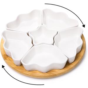 Foraineam Rotatable Serving Platters and Trays, Lazy Susan Relish Tray, 7-Compartment Divided Dishes, 11 Inch Porcelain Removable Bowl for Chip and Dip, Fruit, Nut, Candy and Snack