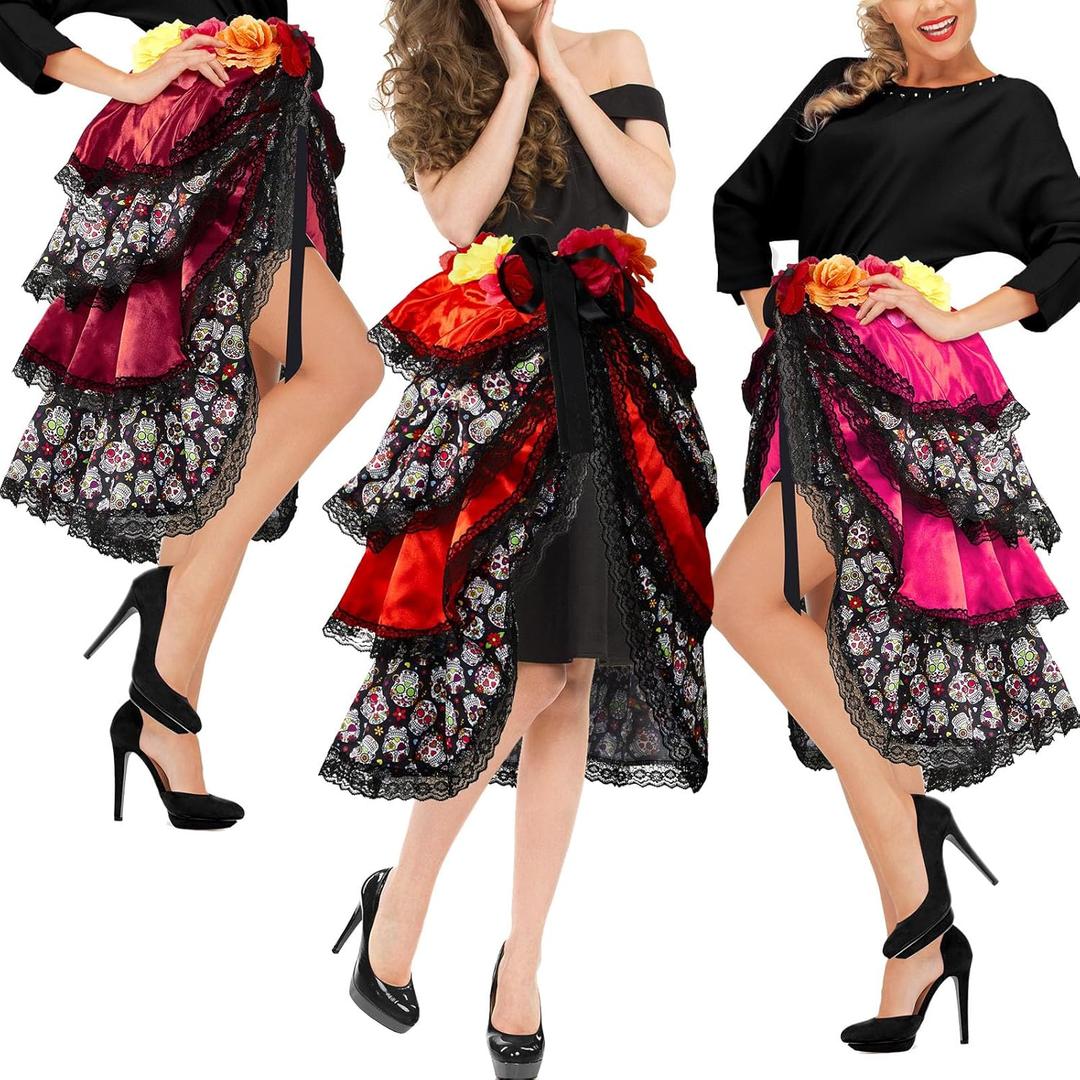 Hercicy 3 Pcs Day of The Dead Costumes Halloween Tie on Bustle Lady Multicolor Day of The Dead Bustle for Women Skull Skeleton Print Flower Bustle Dress for Girls Adult, Red, Rose Red and Brown Red